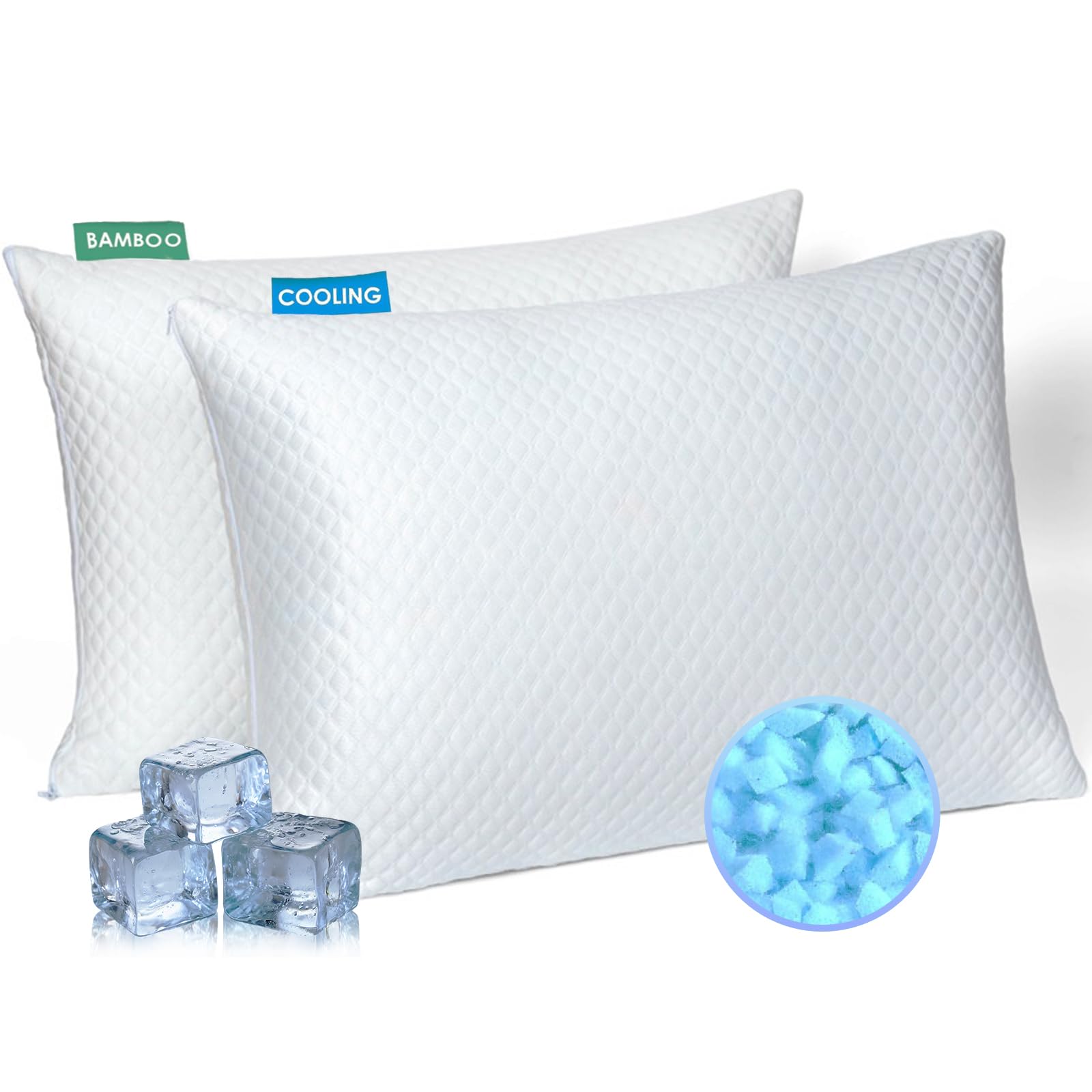 Kuyoyga Shredded Memory Foam Pillows For Sleeping 2 Pack - Cooling Bed Pillows King Size Set Of 2 - Medium Frim Gel Pillows For
